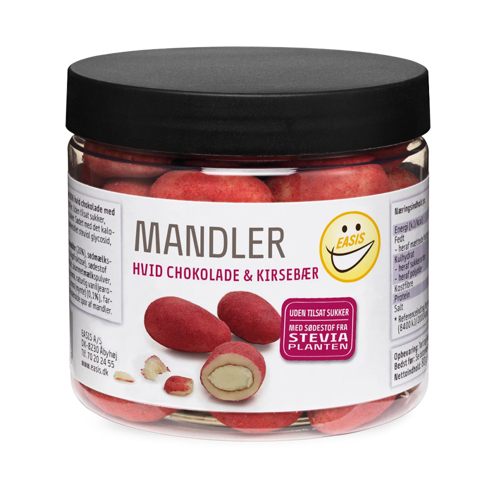 Se EASIS Mandler og Choko Knas (80g) - Mandler Hvid Chokolade & Kirsebær hos Muscle House