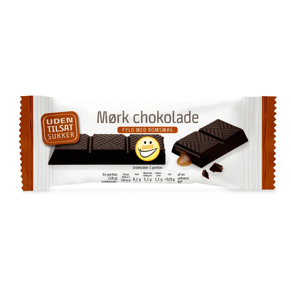 Se EASIS Chokoladebar (24g) - Mørk chokoladebar med romfyld hos Muscle House