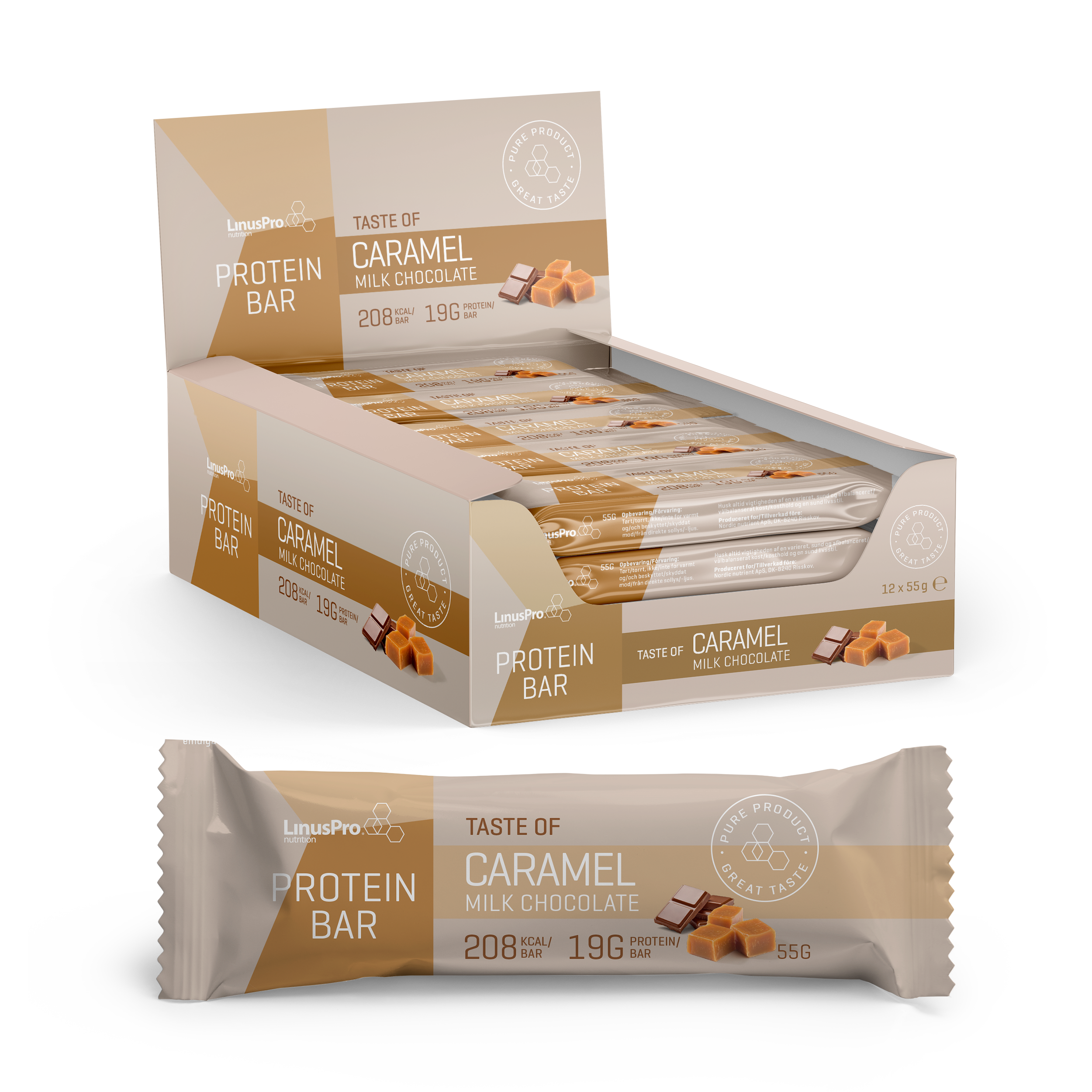 Brug LinusPro Protein Bar - Caramel Milk Chocolate (12x 55g) til en forbedret oplevelse