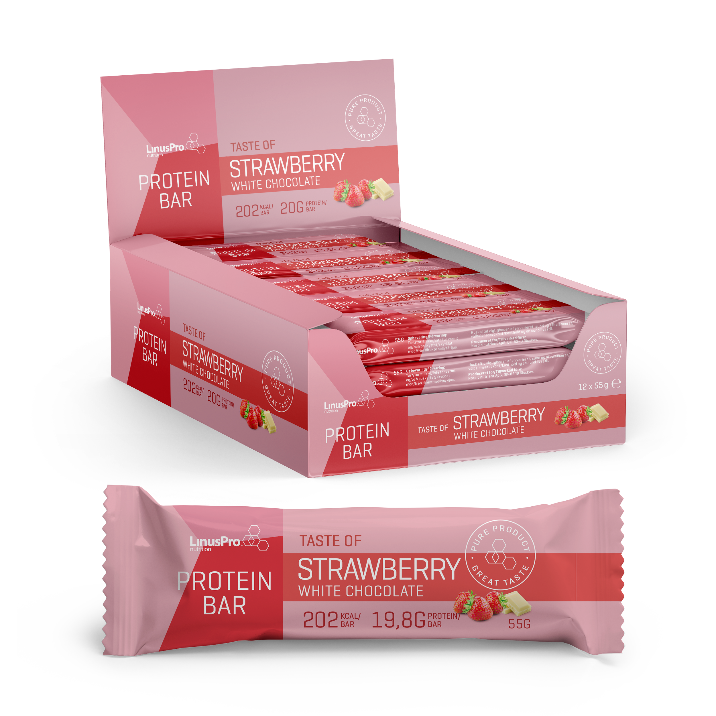 Brug LinusPro Protein Bar - Strawberry White Chocolate (12x 55g) til en forbedret oplevelse