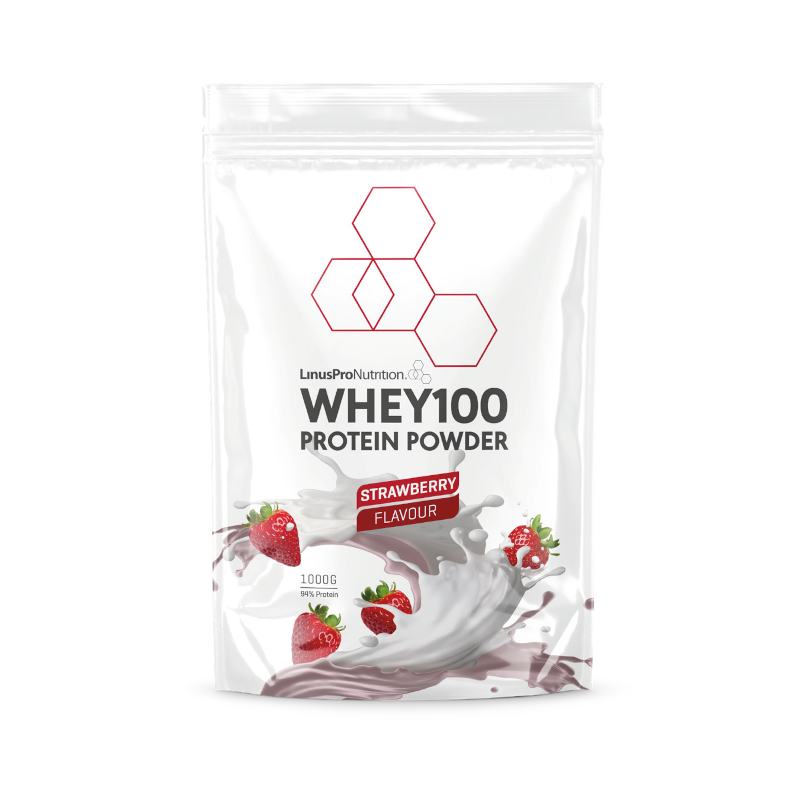 LinusPro Pure Whey 100 – Strawberry (1 kg) – OBS! BEDST FØR 28/3-24 – Proteinpulver