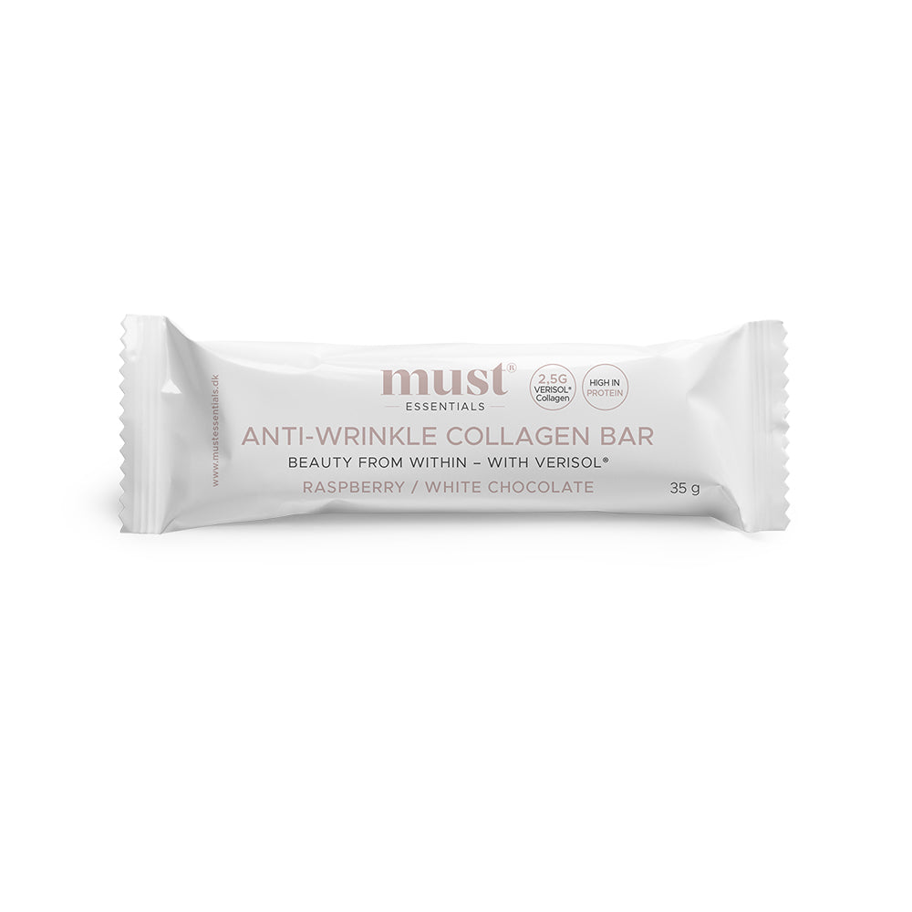 Brug MUST Essentials Verisol Collagen Bar - Raspberry White Chocolate (35g) til en forbedret oplevelse