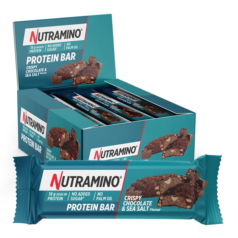 Brug Nutramino Protein Bar - Crispy Chocolate & Sea Salt (12x 55g) - OBS! BEDST FØR 30/4-24 til en forbedret oplevelse