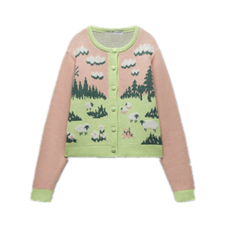 Sheep Animal Embroidered Cardigan Color Block Round Neck Knitted Sweater
