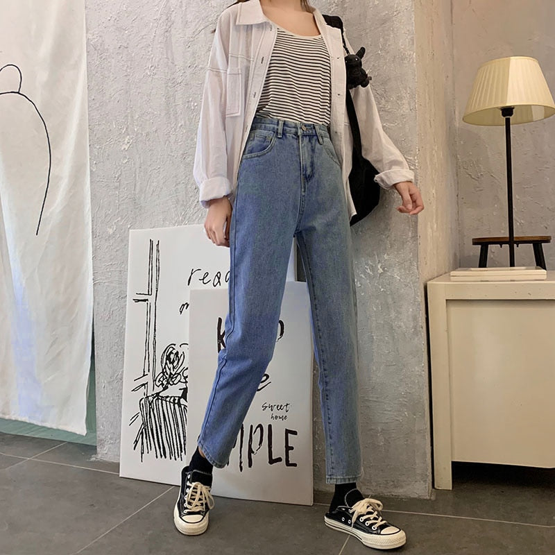 High Waist Slim Straight Jeans Loose White Small