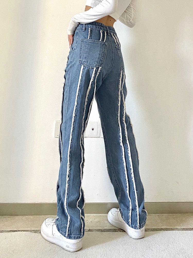 Streetwear Fashion Burr Stripe Patchwork Jeans Straight