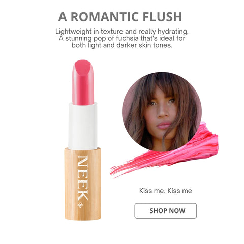 Neek refilsable lipstick Kiss me, Kiss me with swatch and image of model wearing the shade