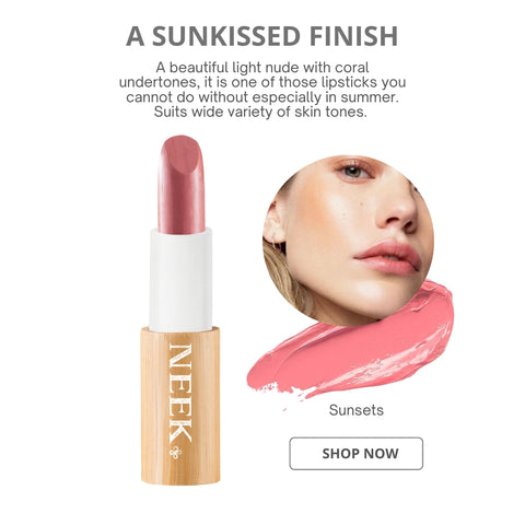 Neek refillable lipstick sunsets with colour swatch and image of model wearing it
