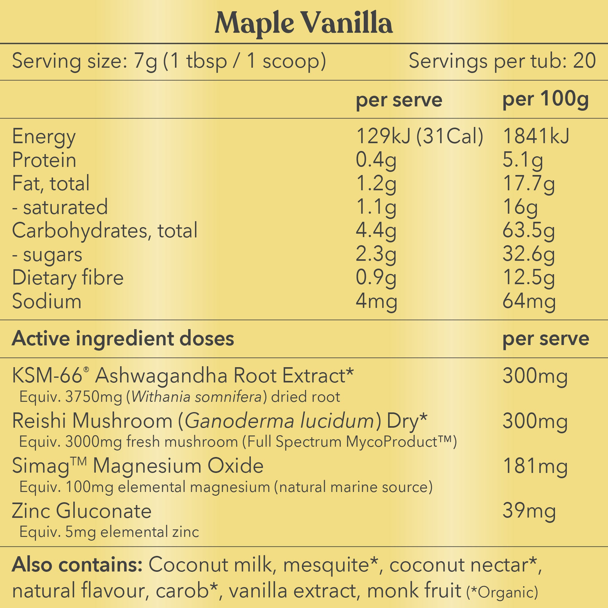 Maple Vanilla Nutritional Information