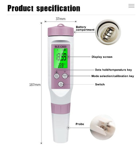 Bluetooth-fähiger 7-in-1 pH EC Leitfähigkeit TDS Salzgehalt ORP SG Meter Tester