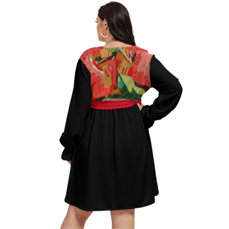 Honeycrisp (Quadri Afis) Women's V-neck Dress With Waistband(Plus Size)
