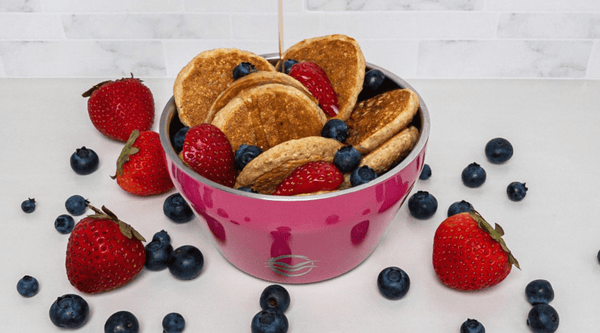 Mini pancakes in Pink Hibiscus Calicle insulated bowl