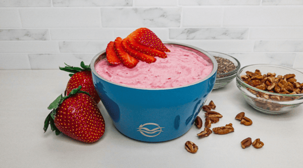 Strawberry smoothie in Blue Seas Calicle insulated bowl
