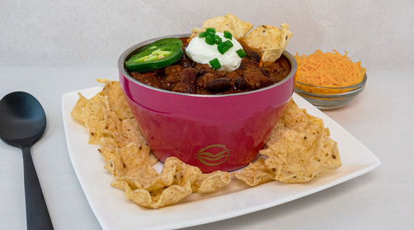 Pink Calicle Insulated Bowl filled with Chili and Chips