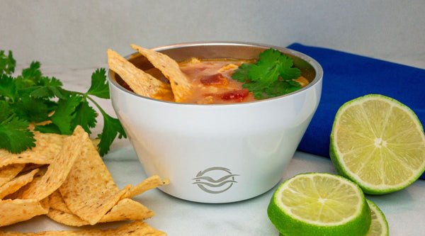 White Calicle Insulated Bowl filled with Chicken Tortilla Soup