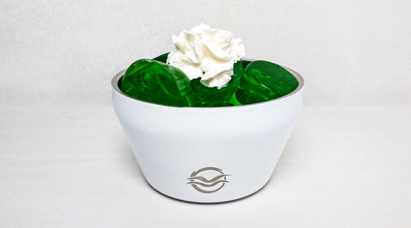 White Calicle Insulated Bowl filled with green Lime Jell-o