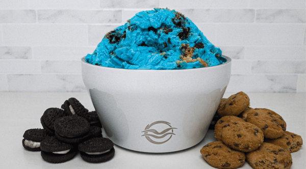 White Calicle bowl filled with cookie monster ice cream
