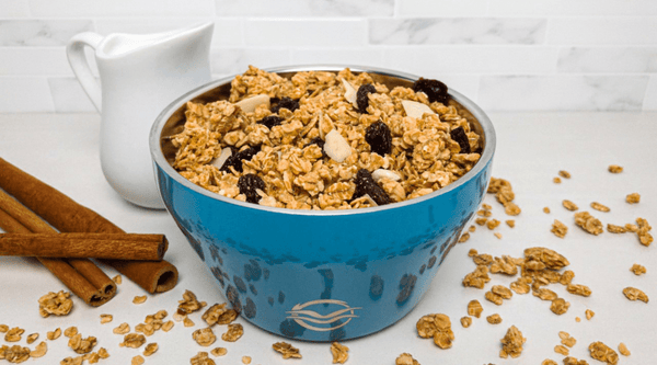 Blue Calicle bowl filled with granola