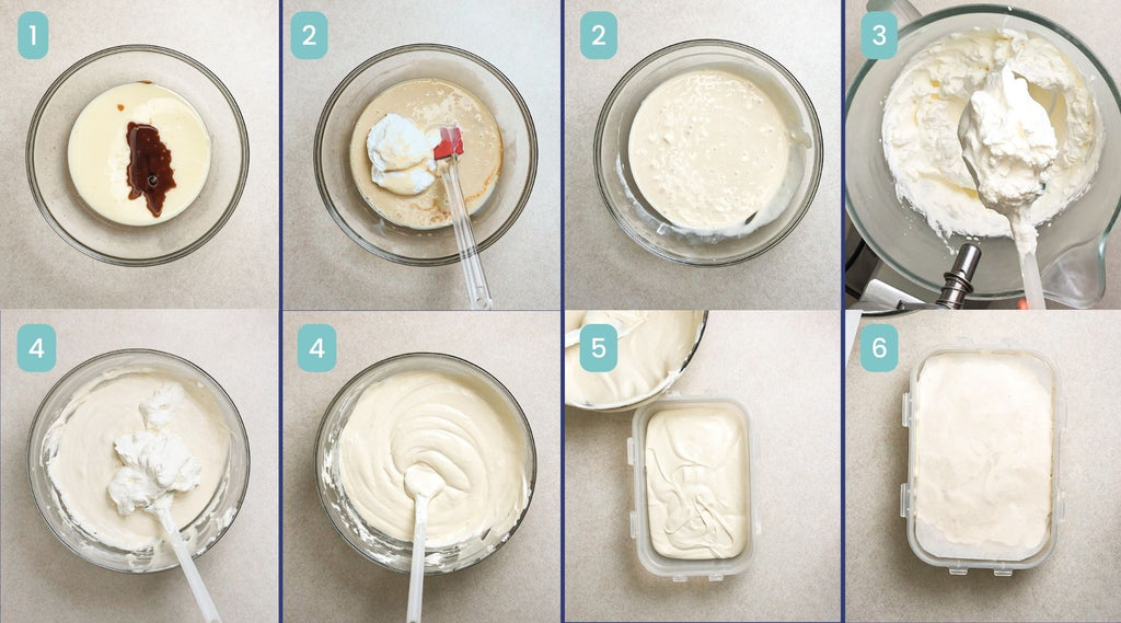 Image showing the different steps to make secret ingredient vanilla no-churn ice cream recipe