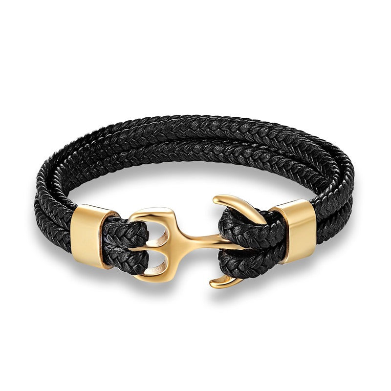 Bracelet Ancre Marine - Cuir Tressé (Edition Gold)