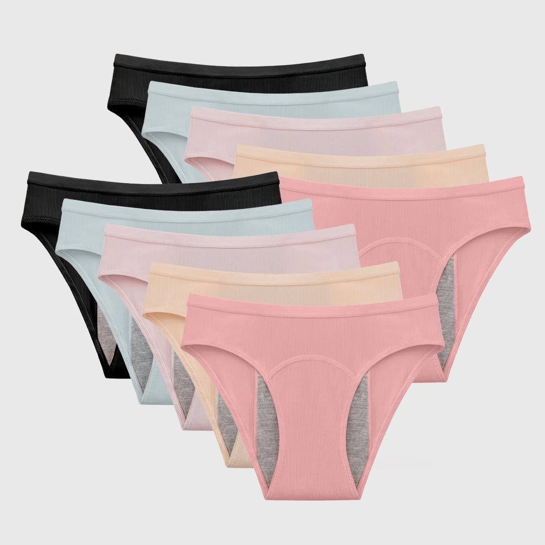 Set of assorted women's underwear in various pastel colors arranged in rows.