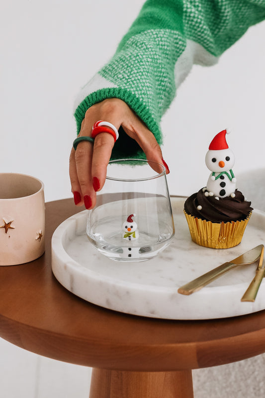 Drinking Glass Set of 2 with Christmas Tree and Snowman Figurines