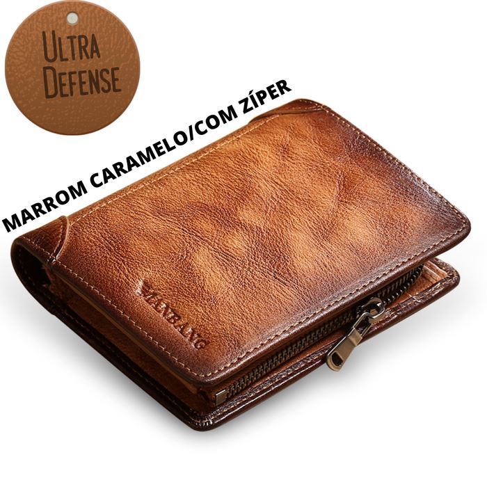 Carteira Masculina em Couro ULTRA DEFENSE - AntiFurto MASCULINO - ACESSORIOS - CARTEIRA 1 Dm Stores Marrom Caramelo (com ziper)