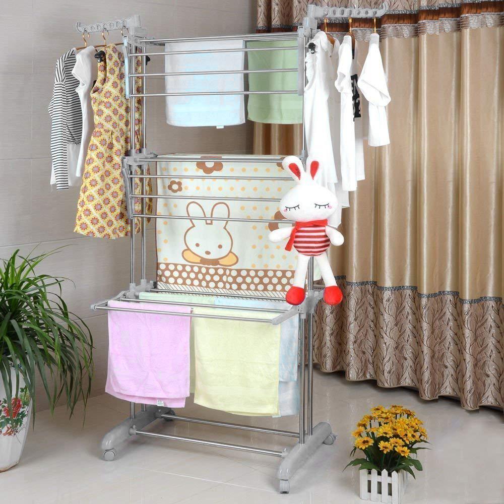 4625 Portable 3 Tier Stainless Steel and Plastic Cloth Drying Stand with Double Pole - Shop Find