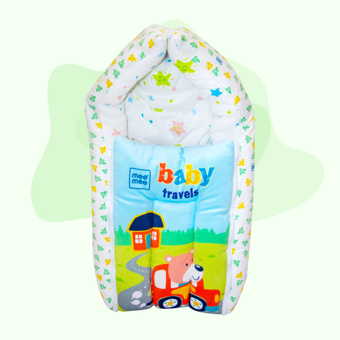 Mee Mee Padded Travel Carry Nest for Baby | Baby Warm Cozy Sleeping Bag Sack (Baby Travels Pattern)-image-0