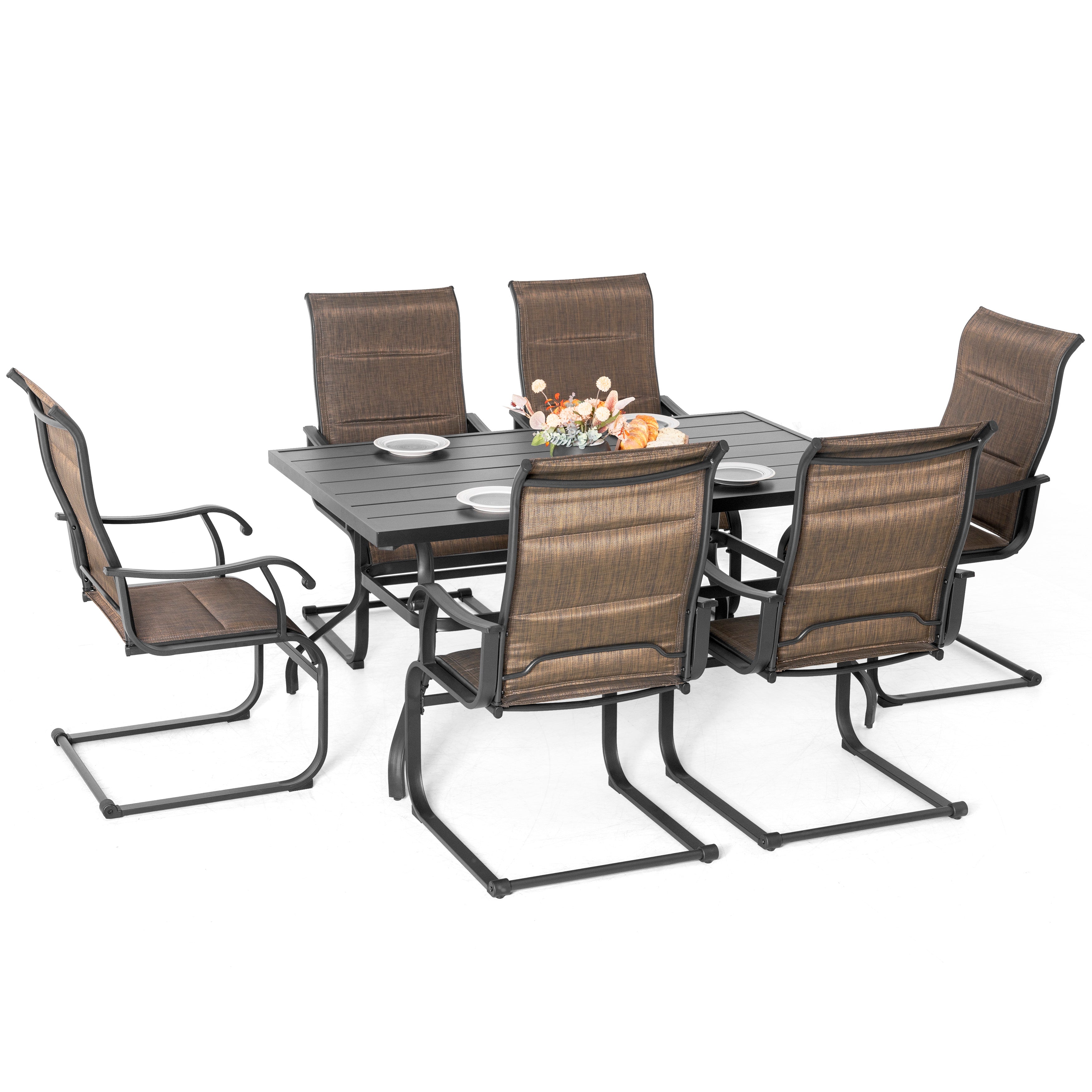 7 Piece Outdoor Dining Set, Rectangle Steel Umbrella Dining Table and 6 C-spring Motion Textilene Chairs