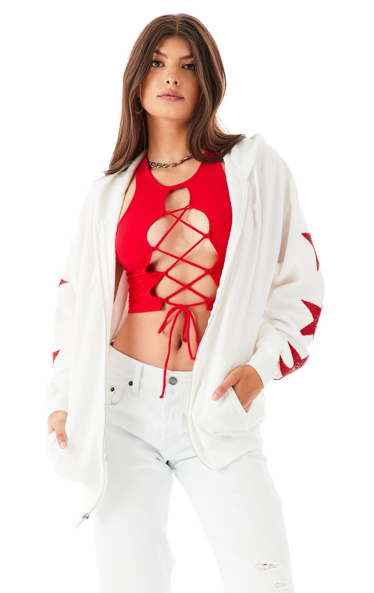 RED RHINESTONE STAR PATCH ZIP UP