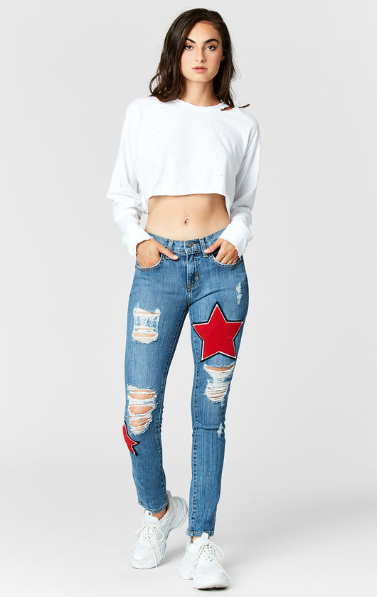 jeans with red star patches