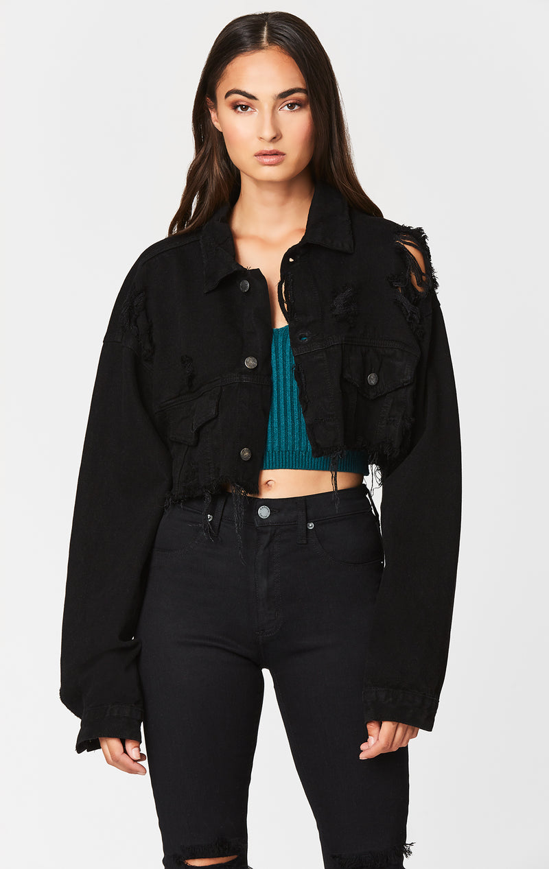 cheap black cropped denim jacket