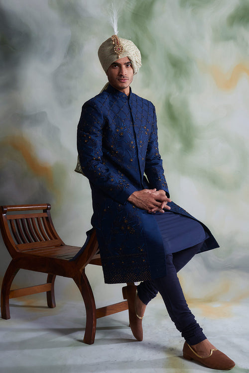 Navy blue store velvet sherwani