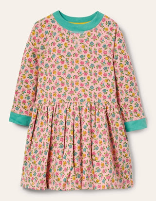 Mini Boden Kids' Long Sleeved Floral Print Jersey Dress, Multi, 12