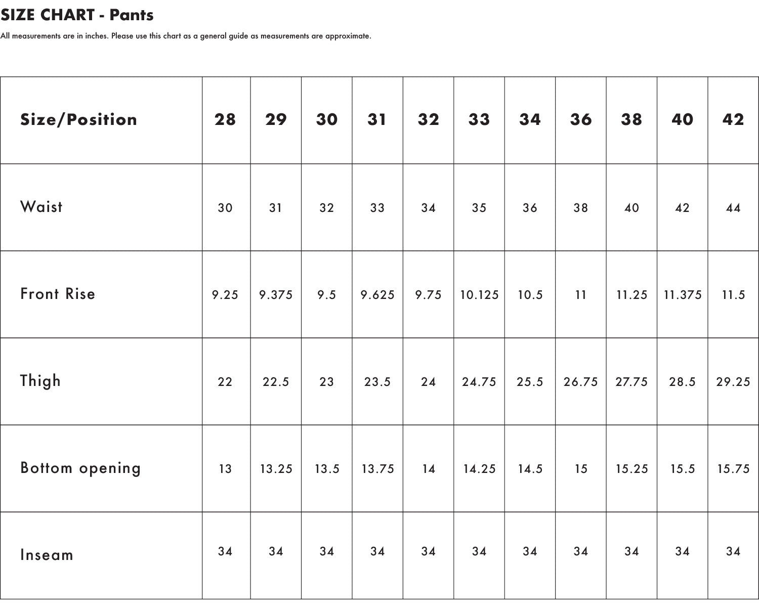 Size Chart - Pants | Soft Cloth