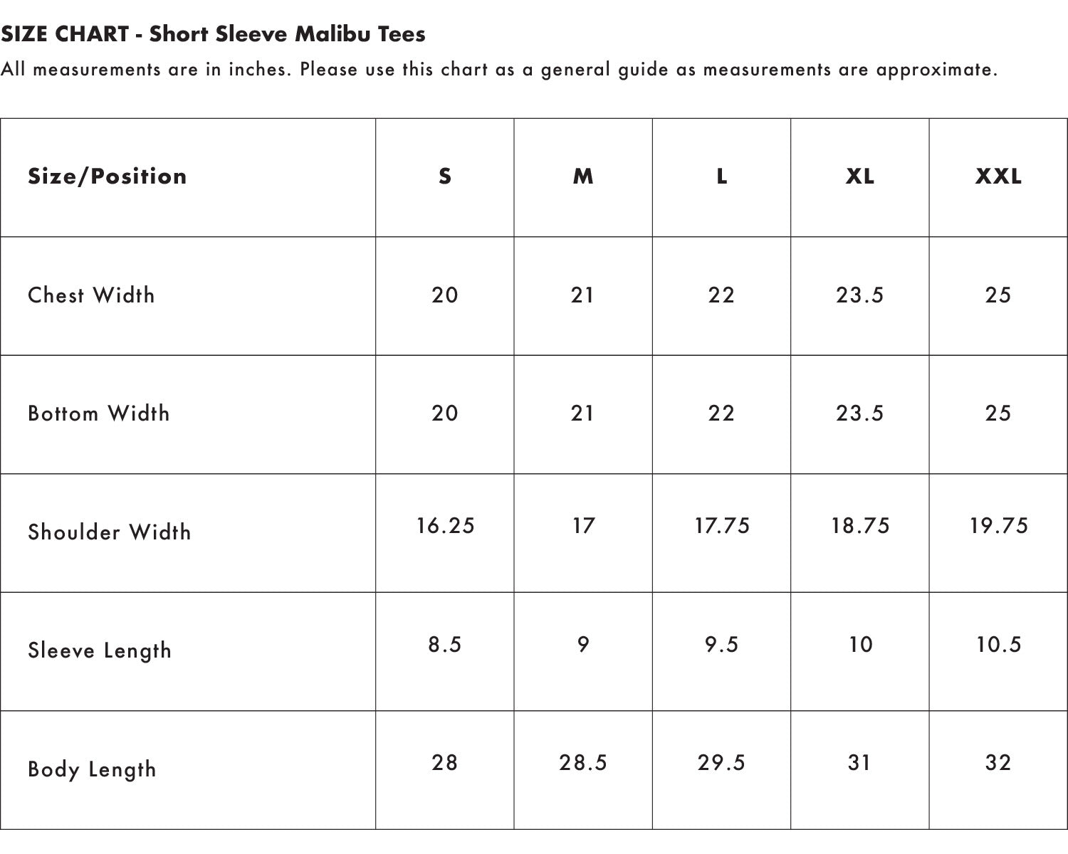Size Chart - Short Sleeve Tees | Soft Cloth