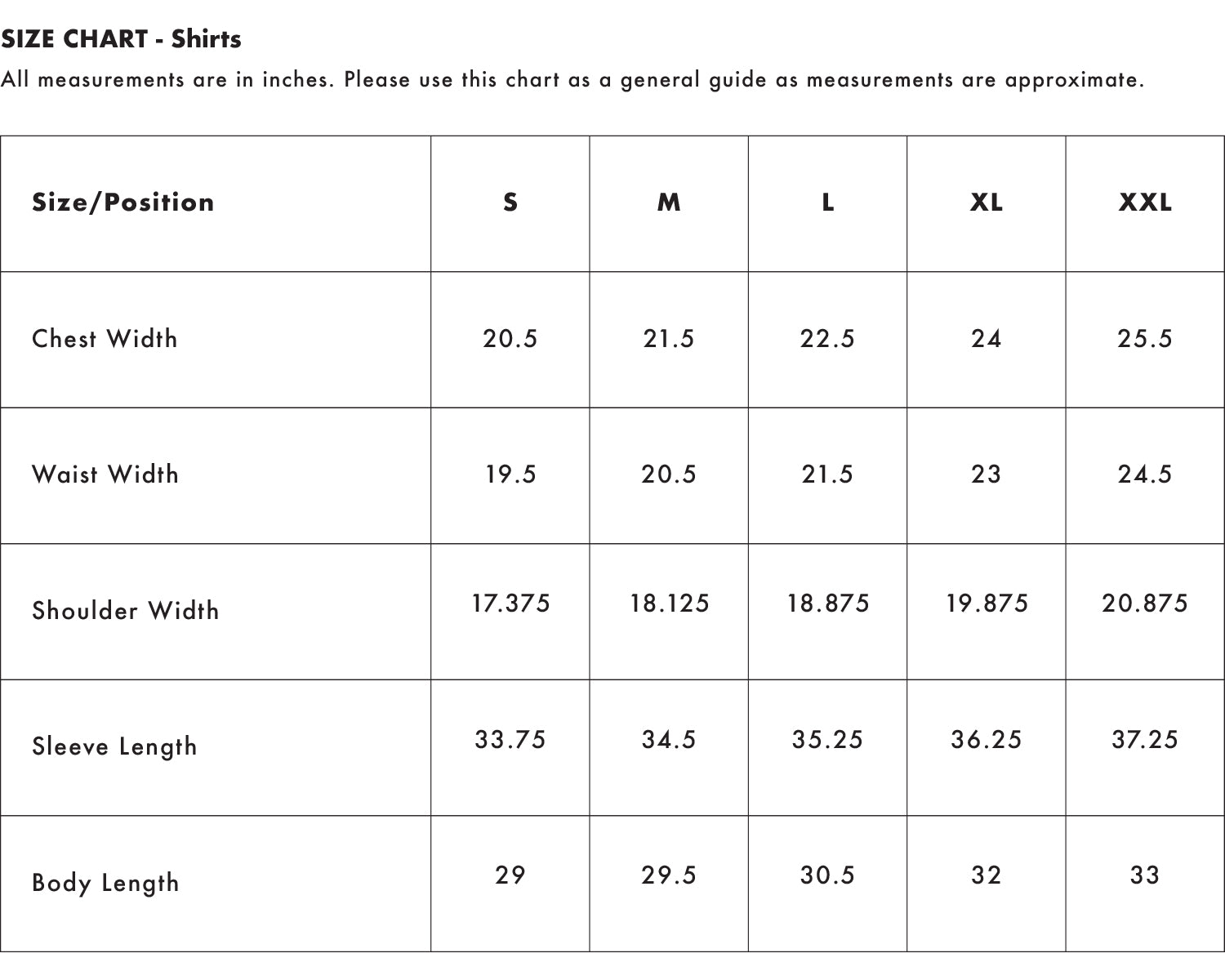 Size Chart - Shirts | Soft Cloth