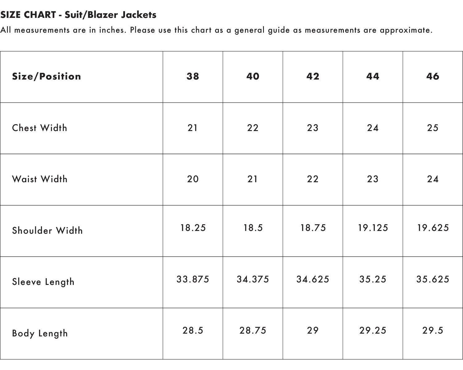 Size Chart - Suit & Blazer Jackets | Soft Cloth