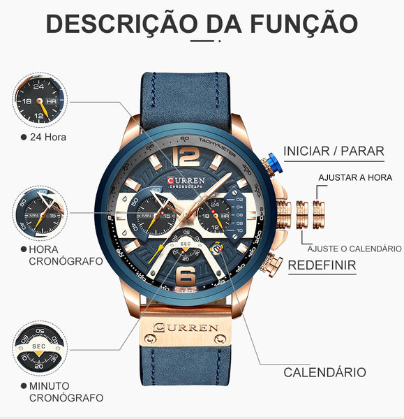 Relógio Masculino Curren Chrono Edition Pulseira Couro Legítimo Linha Luxo