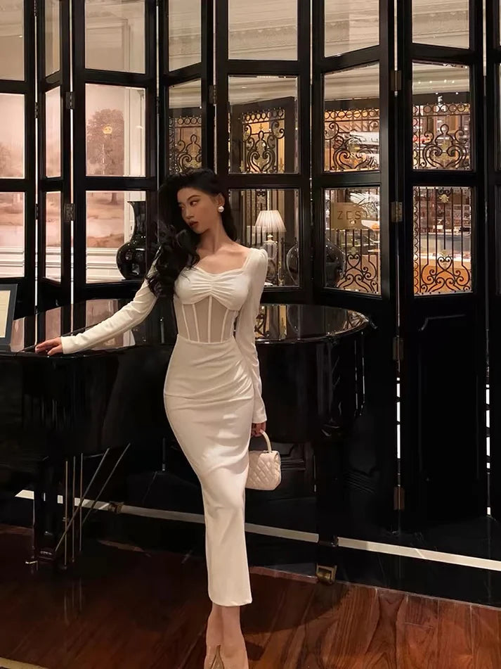 Classy Sheath Long Sleeves White Prom Dresses Birthday Outfits Evening Gown , LTP3611