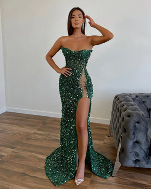 Dark Green Sequin Mermaid Prom Dress With Side Slit - Laylatailor Shop