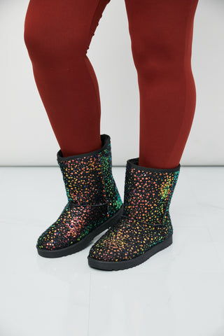 Forever Link Multicolored Sequin Snow Boots in Rose Gold