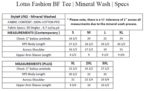 Lotus Fashion Mineral Wash Size Chart