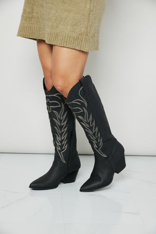 Qupid Cheyenne Nights Embroidered Knee High Cowboy Boots in Black