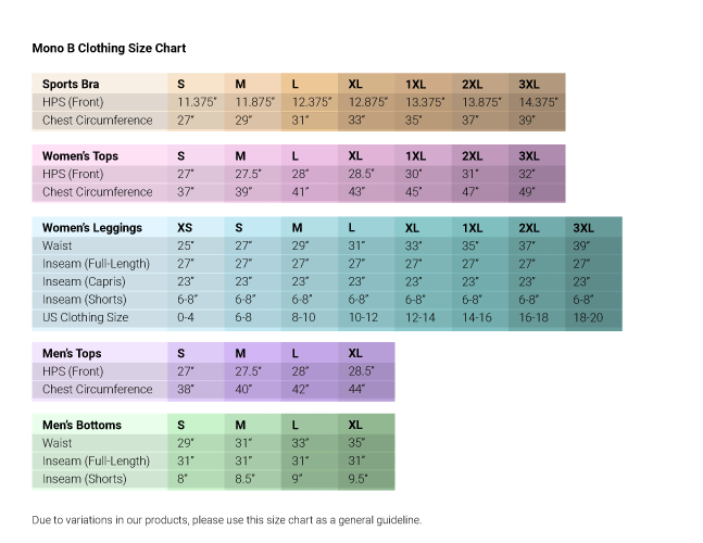 Mono B Clothing Sizing Chart