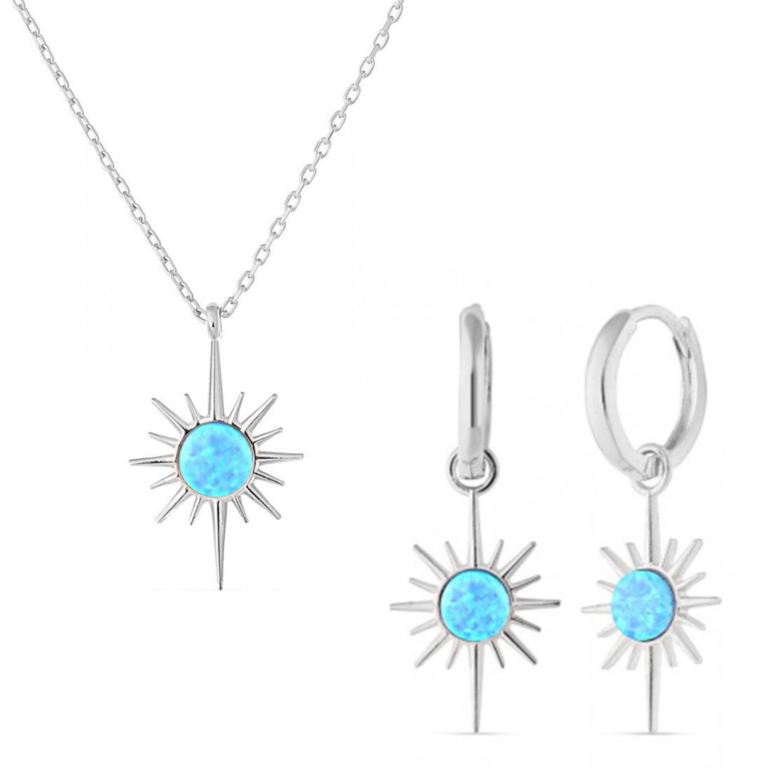 Blue Opal Northernstar Drop Hoop Earring & Necklace Set in Sterling Silver