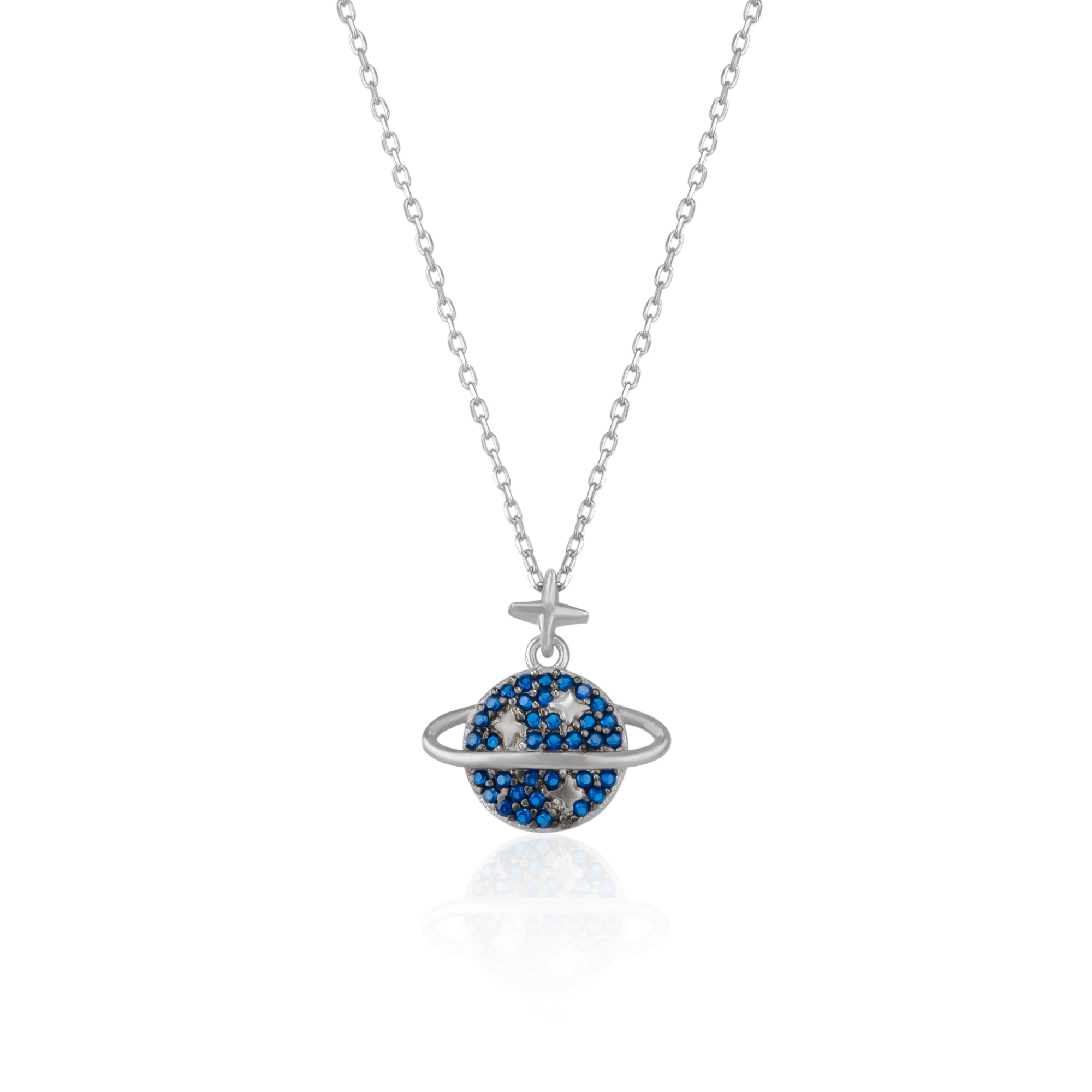 Blue Jewelled Saturn Necklace Sterling Silver