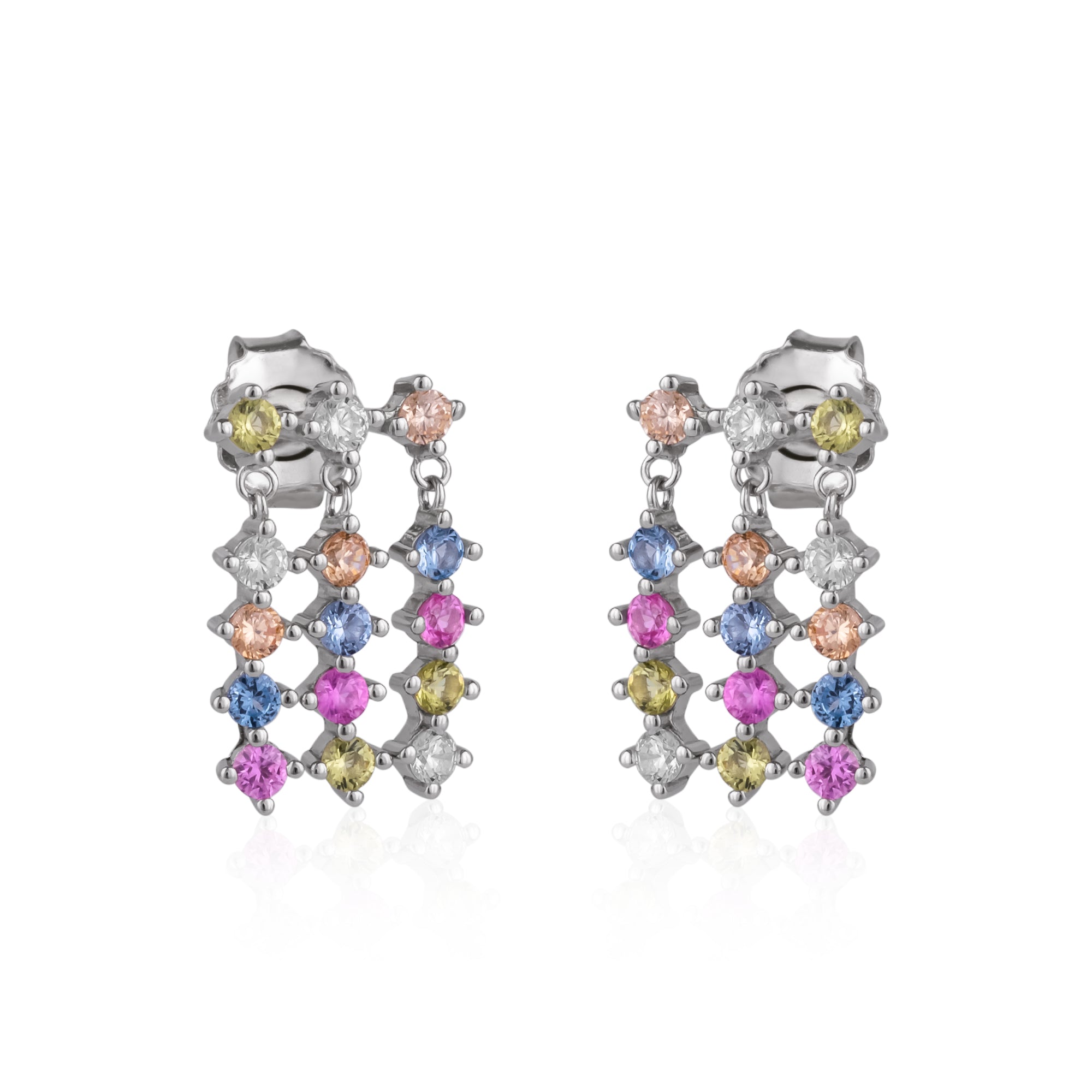 Colourful Rainbow Jewelled Sterling Silver Cluster Stud Drop Earring