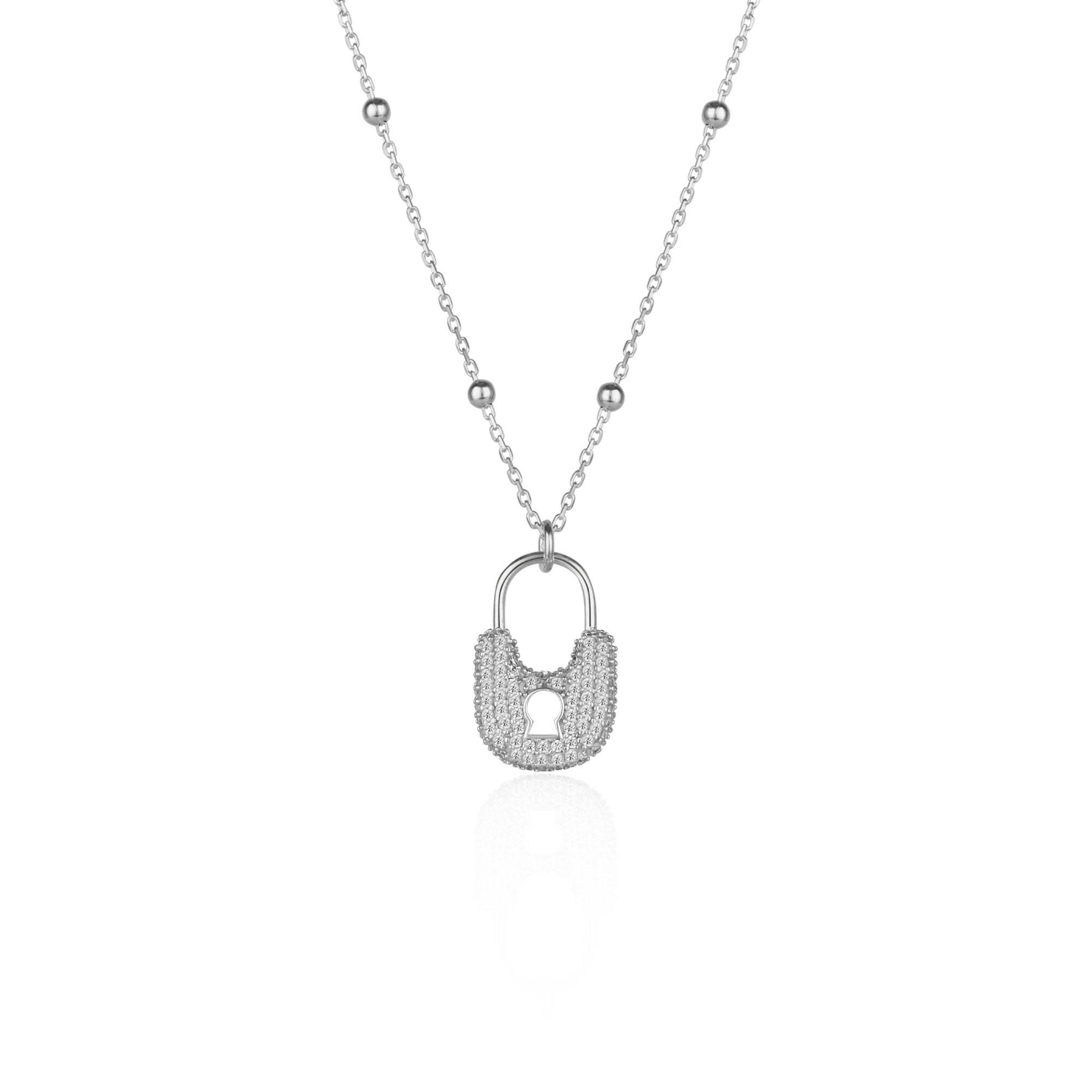 Lock Pendant Necklace With Beaded Chain Sterling Silver